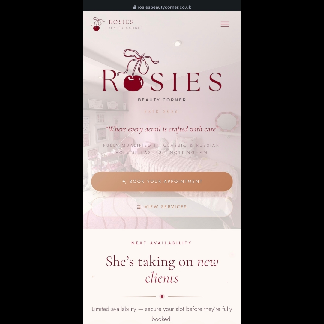 Homepage hero on mobile — Rosie's Beauty Corner, established 2026, with booking and services buttons
