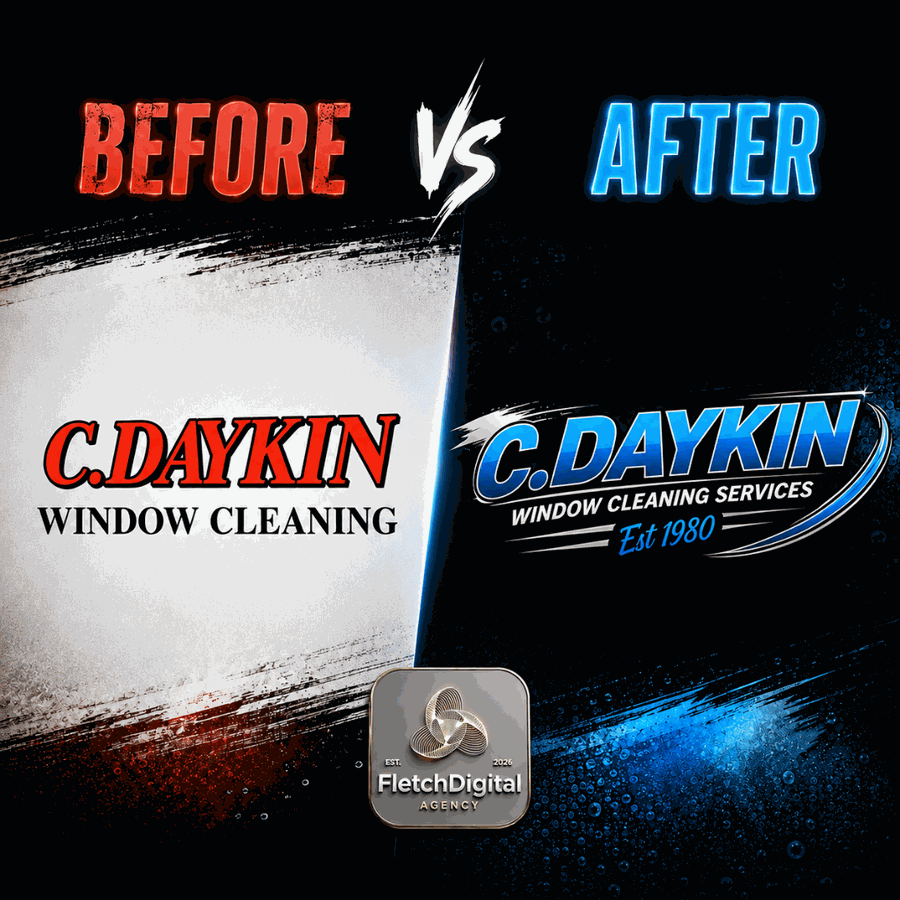Logo before and after — the original C. Daykin Window Cleaning wordmark beside the new brand identity