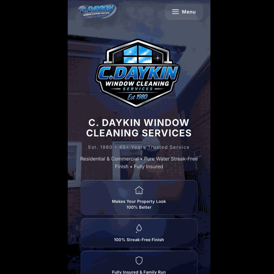 Website hero section on mobile — C. Daykin Window Cleaning Services, established 1980