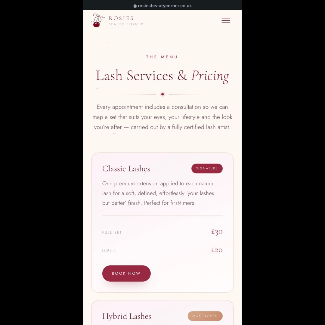 Lash services and pricing menu with full set and infill prices per treatment