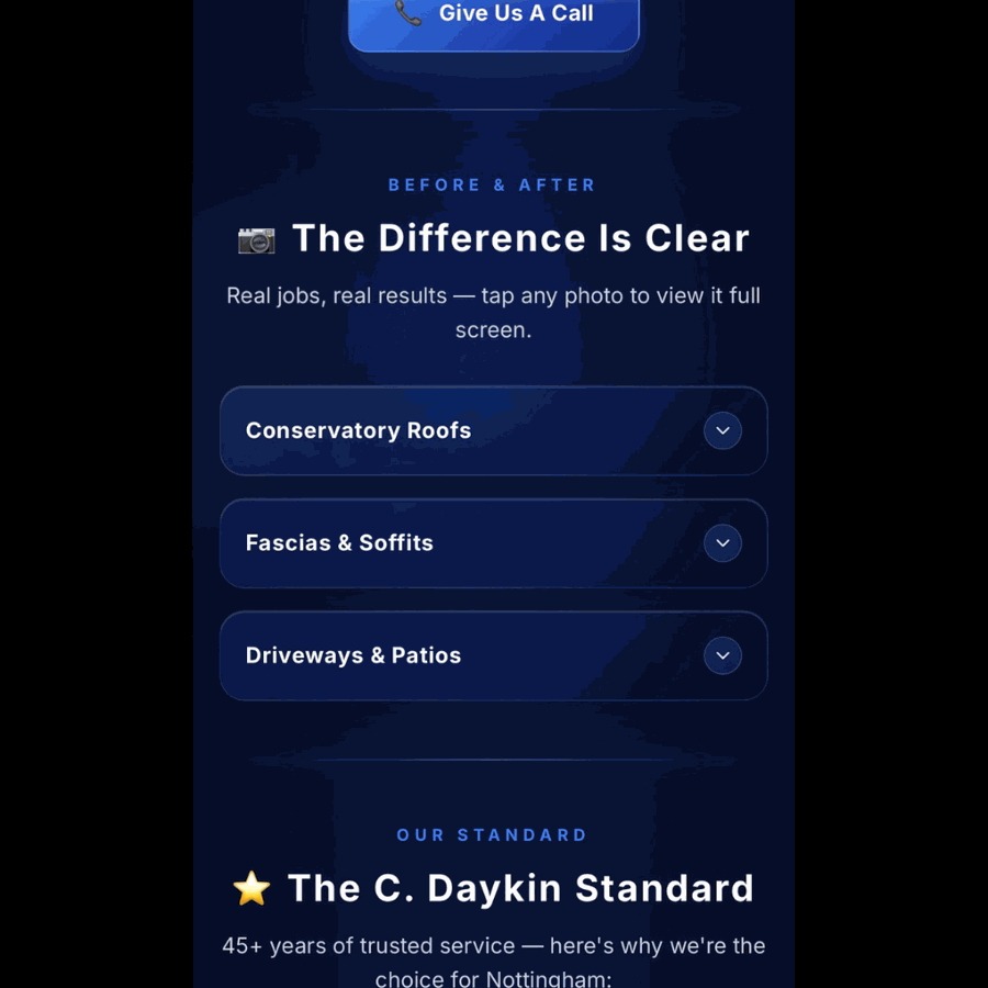 Before and after gallery introduction with expandable job categories