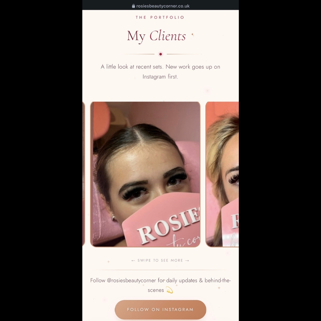Client gallery carousel showing recent lash sets