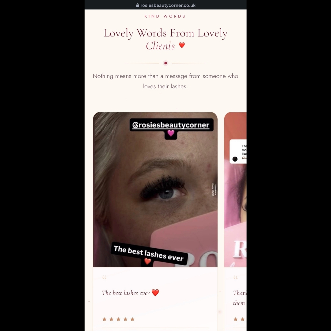 Client reviews section with five star ratings and real messages from clients