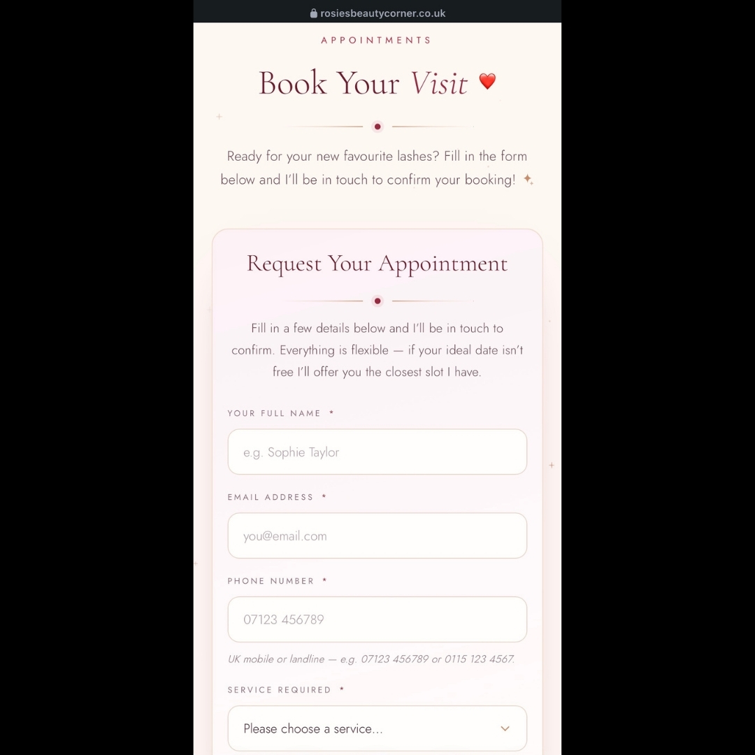 Booking form capturing name, email, phone number and service required