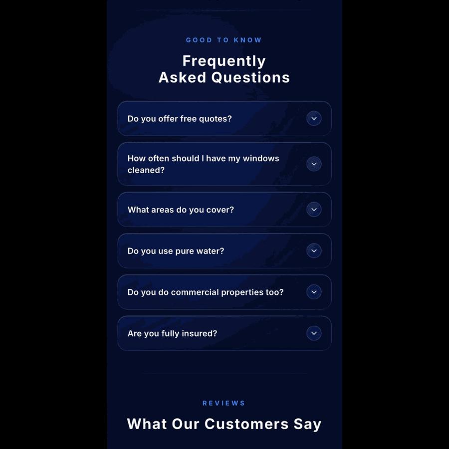 Frequently asked questions section answering common customer queries