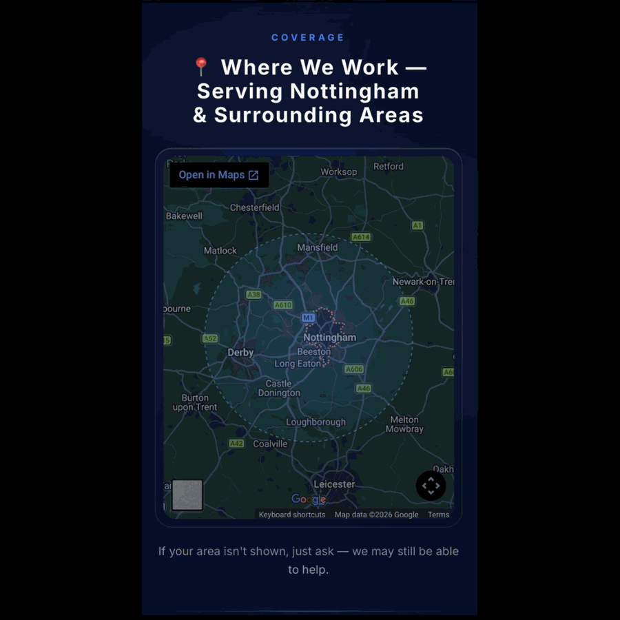 Coverage map showing the service area across Nottingham and surrounding towns