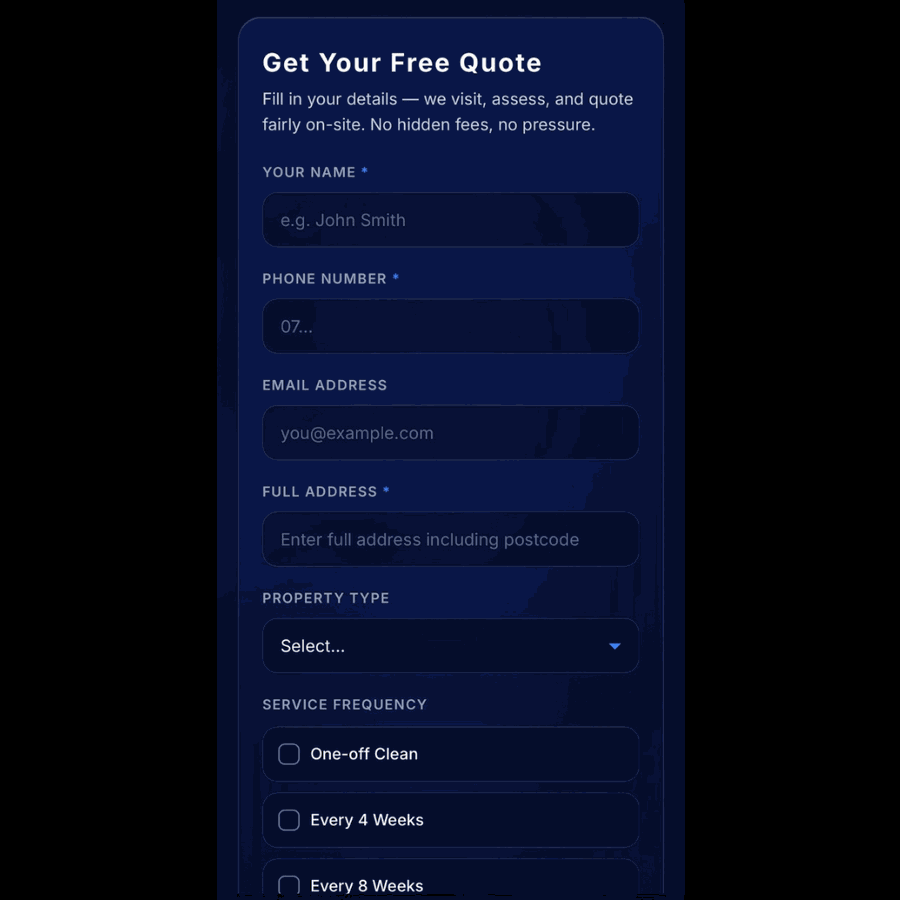 Site footer with navigation, phone number and email contact details